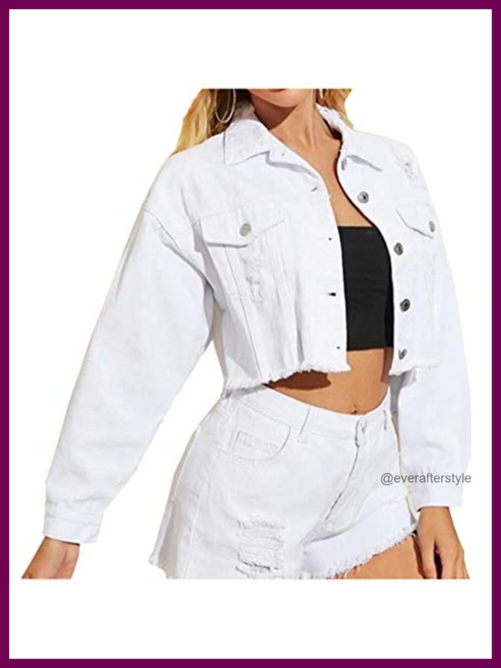Cropped Ripped Distressed Denim Jean Jacket Coat Fringe Frayed Hem